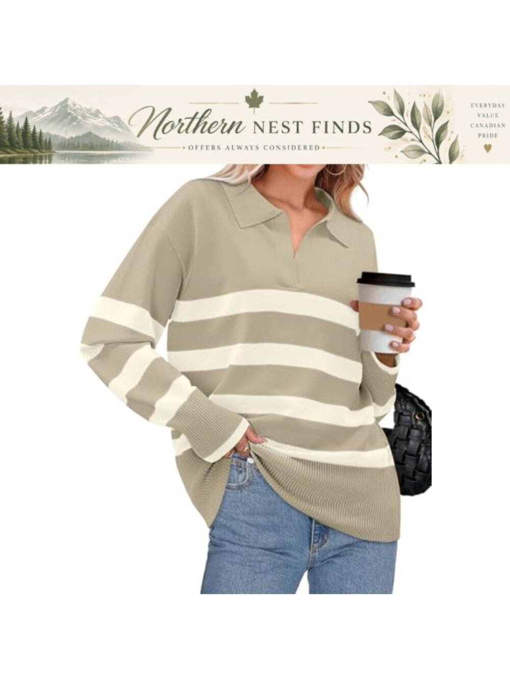 Womens Long Sleeve V Neck Oversized Striped Knit Pullover Sweater
